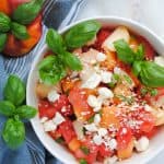 watermelon, basil, feta salad with peaches, tomatoes and melon