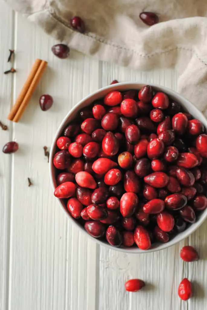 Bowl of cranberries, cinnamon stick, and cloves on a white background