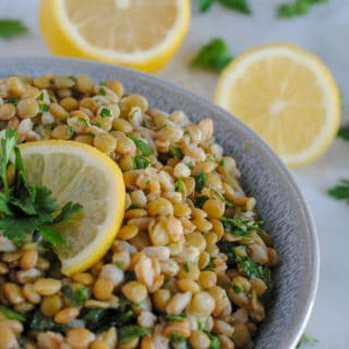 lentil and farro salad on marble background