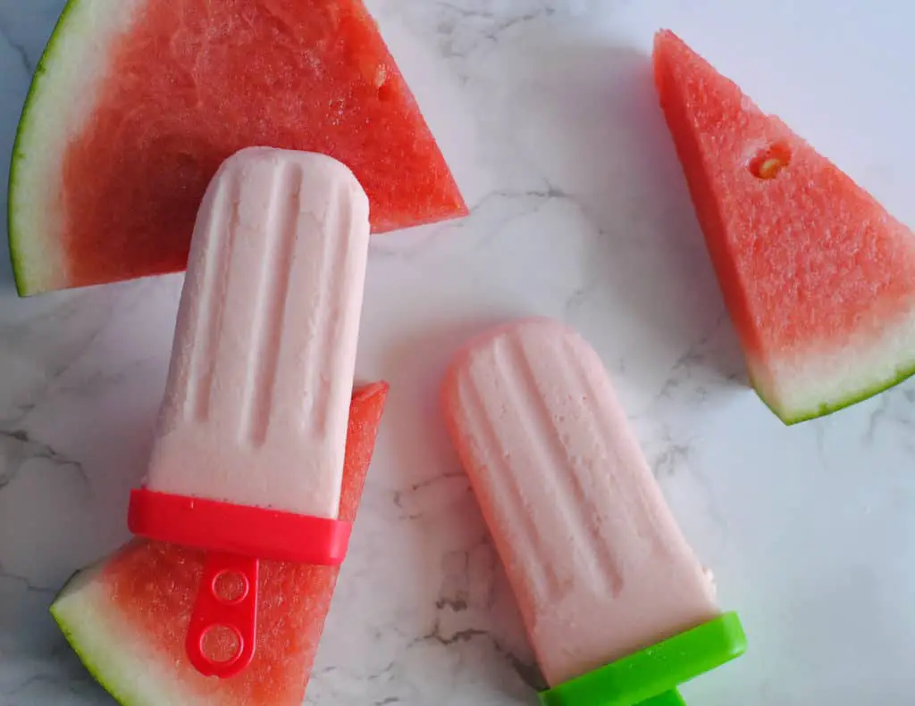 watermelon yogurt popsicles with fresh watermelon slices