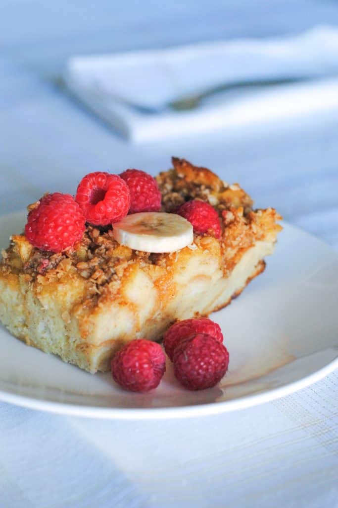 overnight french toast casserole topped with fruit