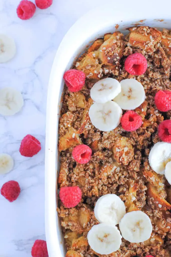 overnight french toast casserole topped with fruit