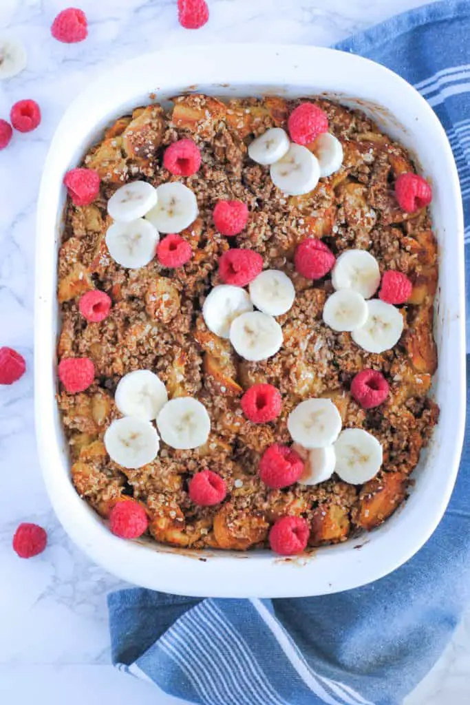 overnight french toast casserole topped with fruit