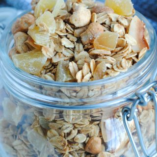 granola with ginger almonds and cashews in a jar