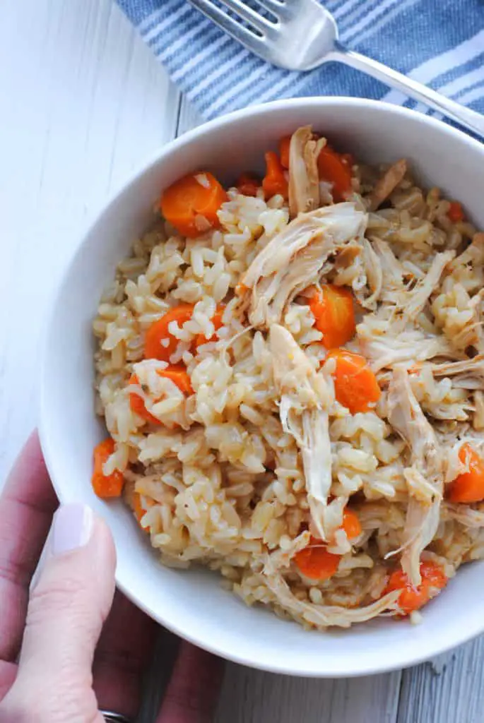 hand holding a bowl of chicken and rice