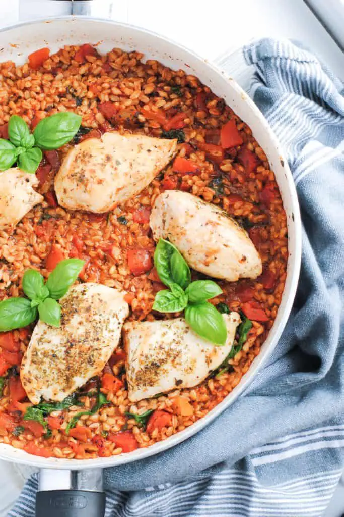 skillet with cooked farro, tomatoes, chicken and basil