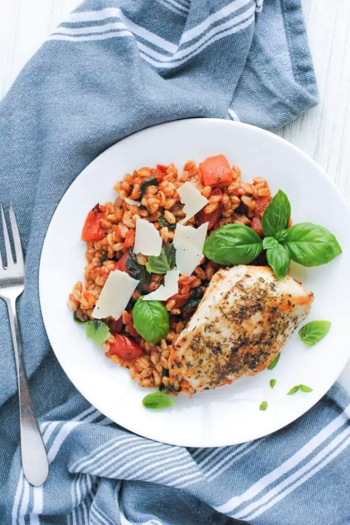 Plate of cooked chicken and farro with tomatoes garnished with fresh basil and shaved parmesan cheese