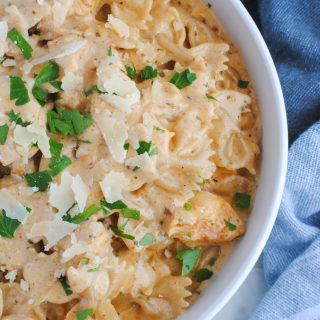 pasta with creamy parmesan cheese sauce topped with fresh parsley in a white bowl with gray towel in background